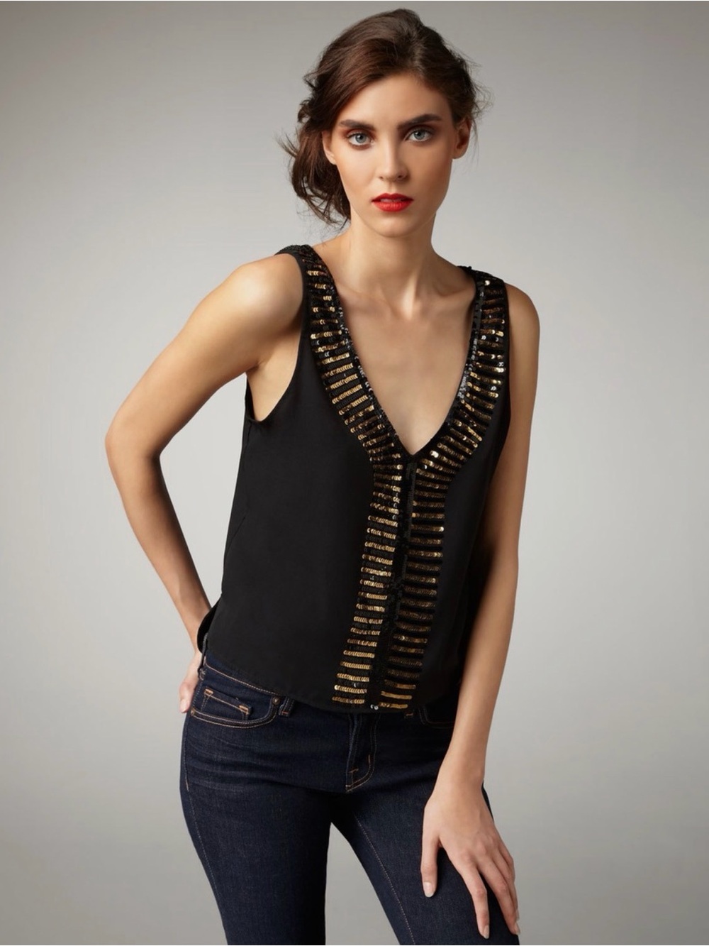 Black Sleeveless V-Neck Camisole with Gold Sequin Trim
